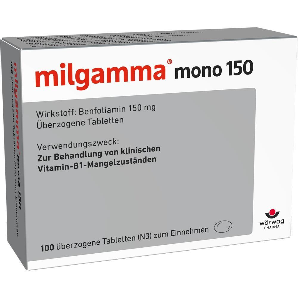 Wei&szlig;e Medikamentenschachtel mit der Aufschrift "milgamma mono 150".