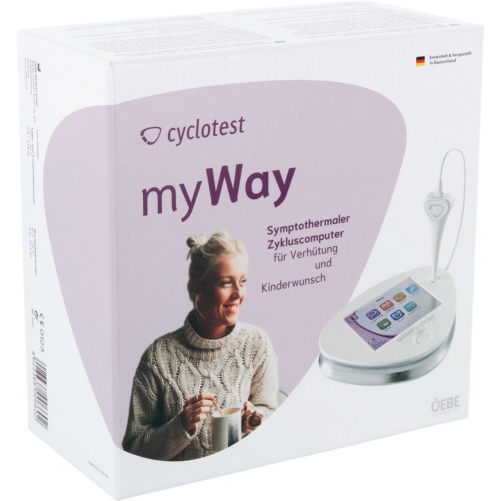 Eine Frau h&auml;lt eine Tasse, daneben ein Zykluscomputer f&uuml;r Verh&uuml;tung und Kinderwunsch.
