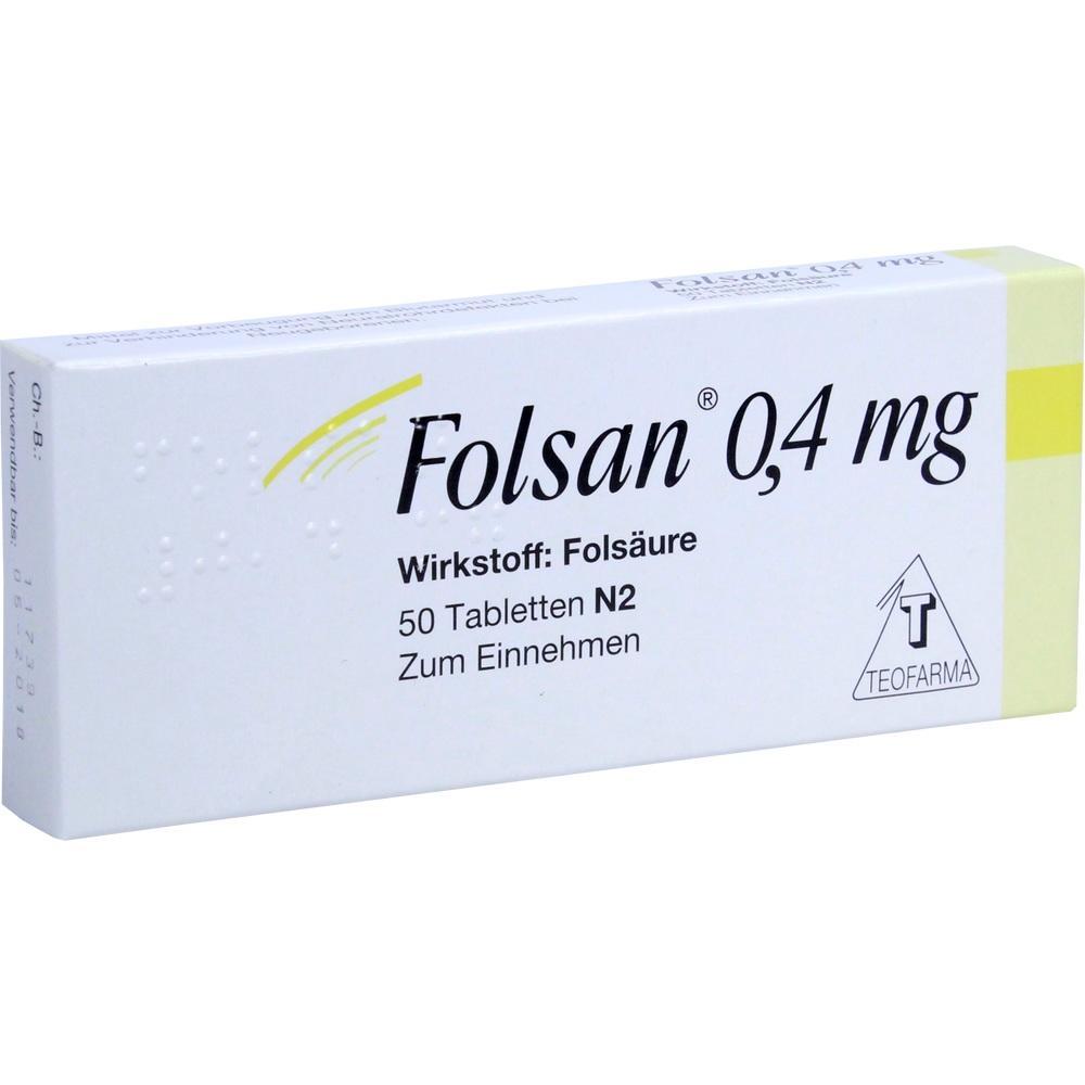 Eine Packung mit 50 Folsan-Tabletten, enthalten Fols&auml;ure.