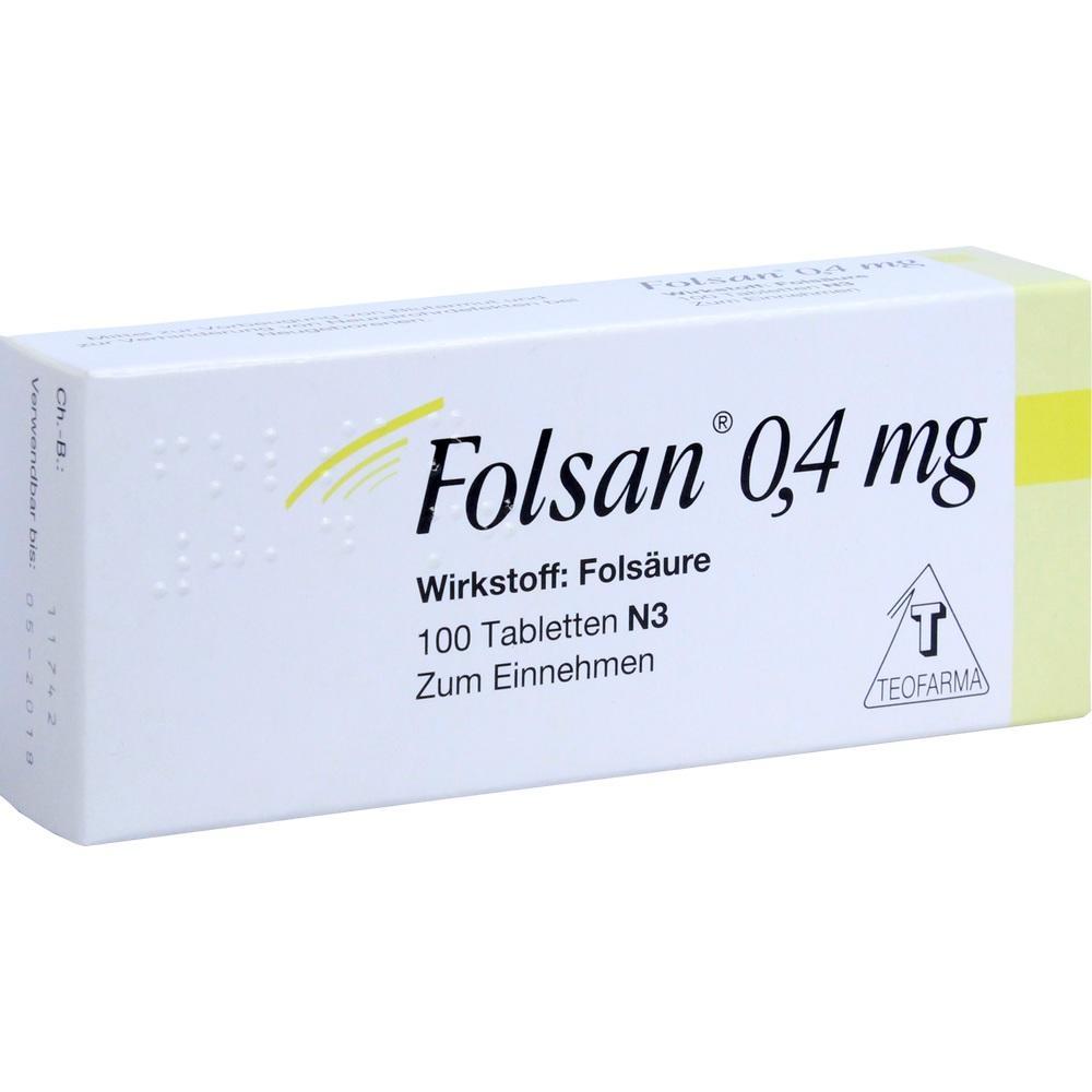 Eine Packung mit 100 Tabletten Folsan, 0,4 mg Fols&auml;ure.