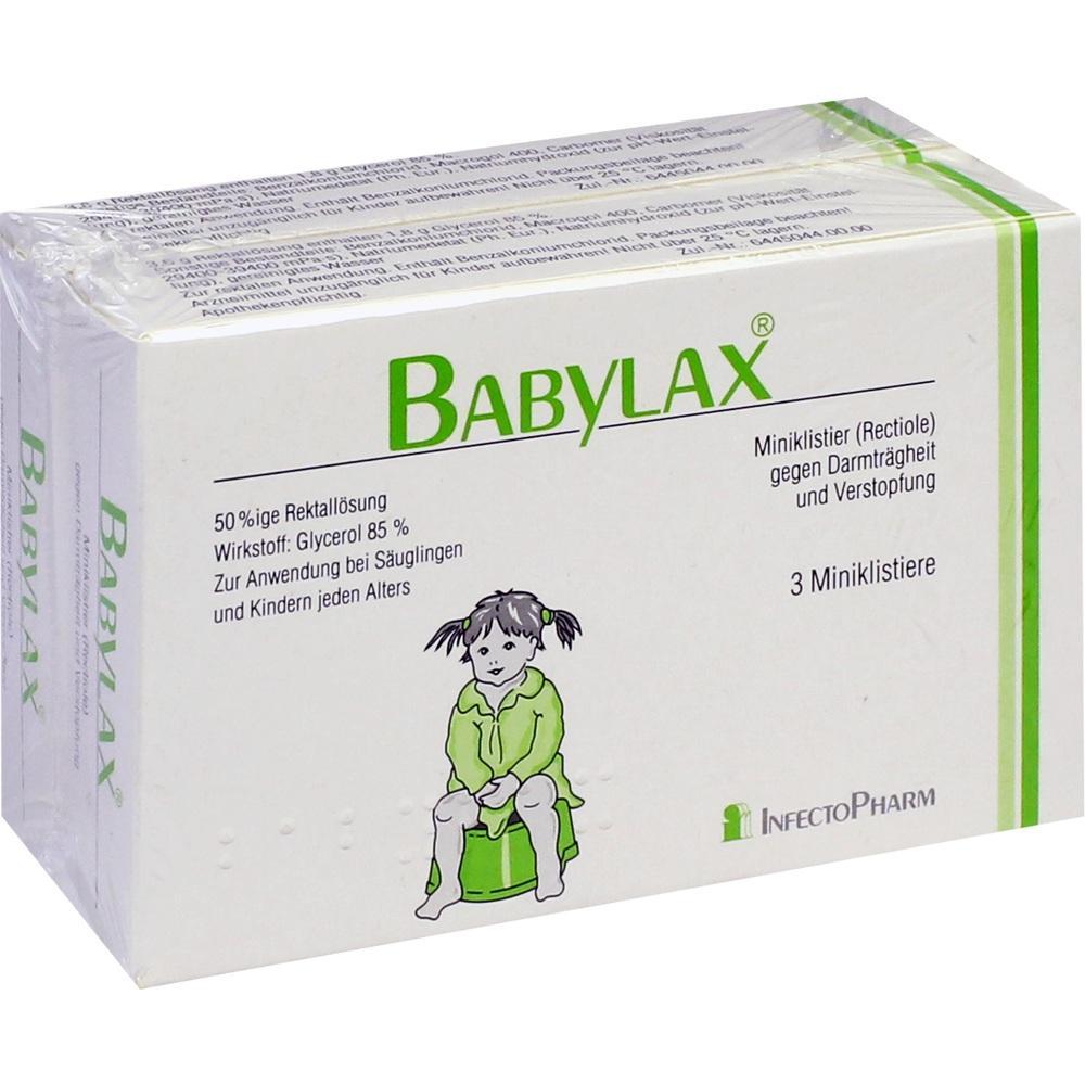Eine Packung Babylax mit einem Bild eines Kindes auf einem T&ouml;pfchen.