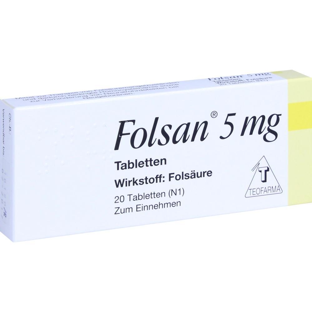 Eine Packung Folsan-Tabletten mit 5 mg Fols&auml;ure.