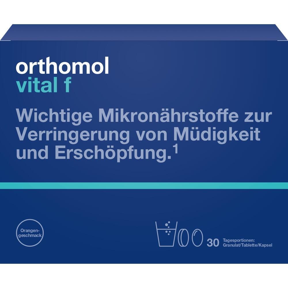 Blaues Paket mit Text "Wichtige Mikron&auml;hrstoffe gegen M&uuml;digkeit", Geschmacksrichtung Orange.