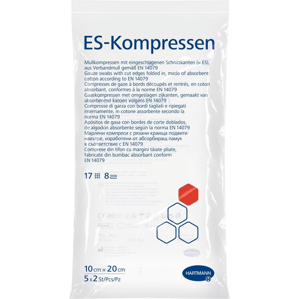 Eine wei&szlig;e Verpackung mit der Aufschrift "ES-Kompressen" und mehrsprachiger Produktbeschreibung.