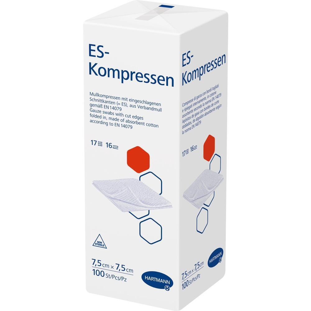 Eine wei&szlig;e Verpackung mit der Aufschrift "ES-Kompressen" und Bildern von Mullkompressen.