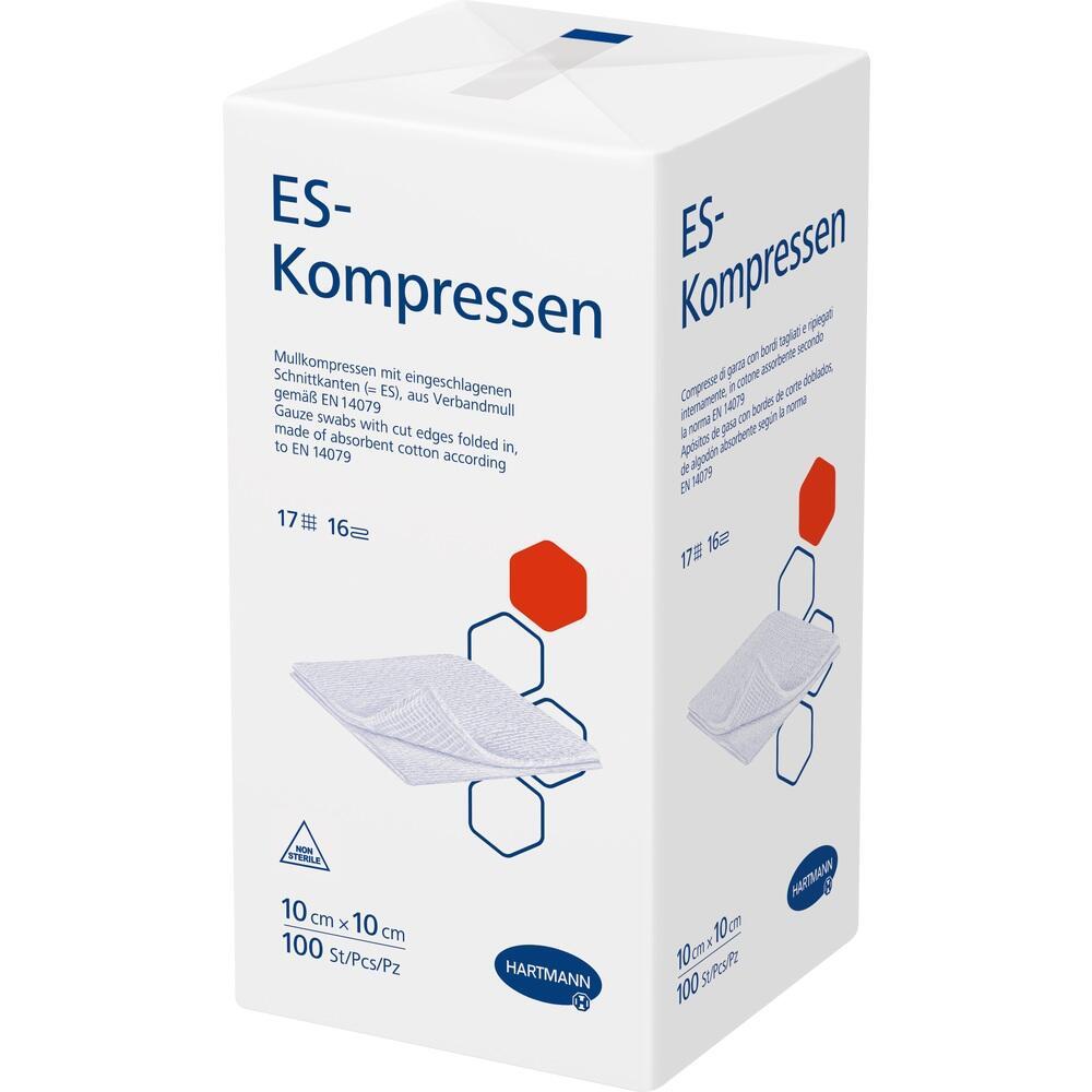 Eine wei&szlig;e Verpackung mit der Aufschrift "ES-Kompressen".