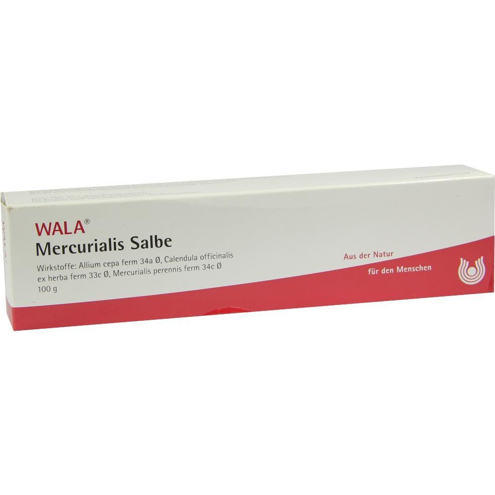 Wei&szlig;e und rote Verpackung einer &bdquo;WALA Mercurialis Salbe&ldquo; mit nat&uuml;rlichen Inhaltsstoffen.