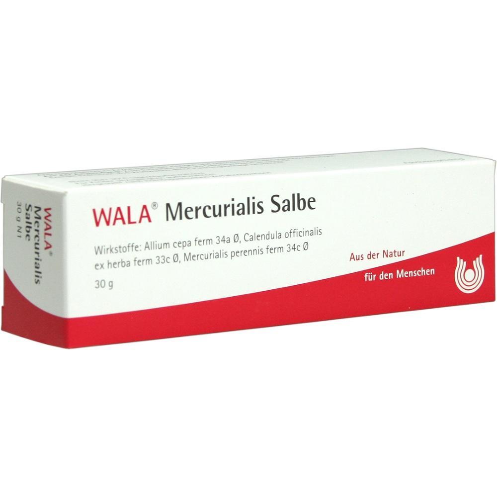 Eine wei&szlig;e und rote Salbenverpackung mit der Aufschrift "WALA Mercurialis Salbe".