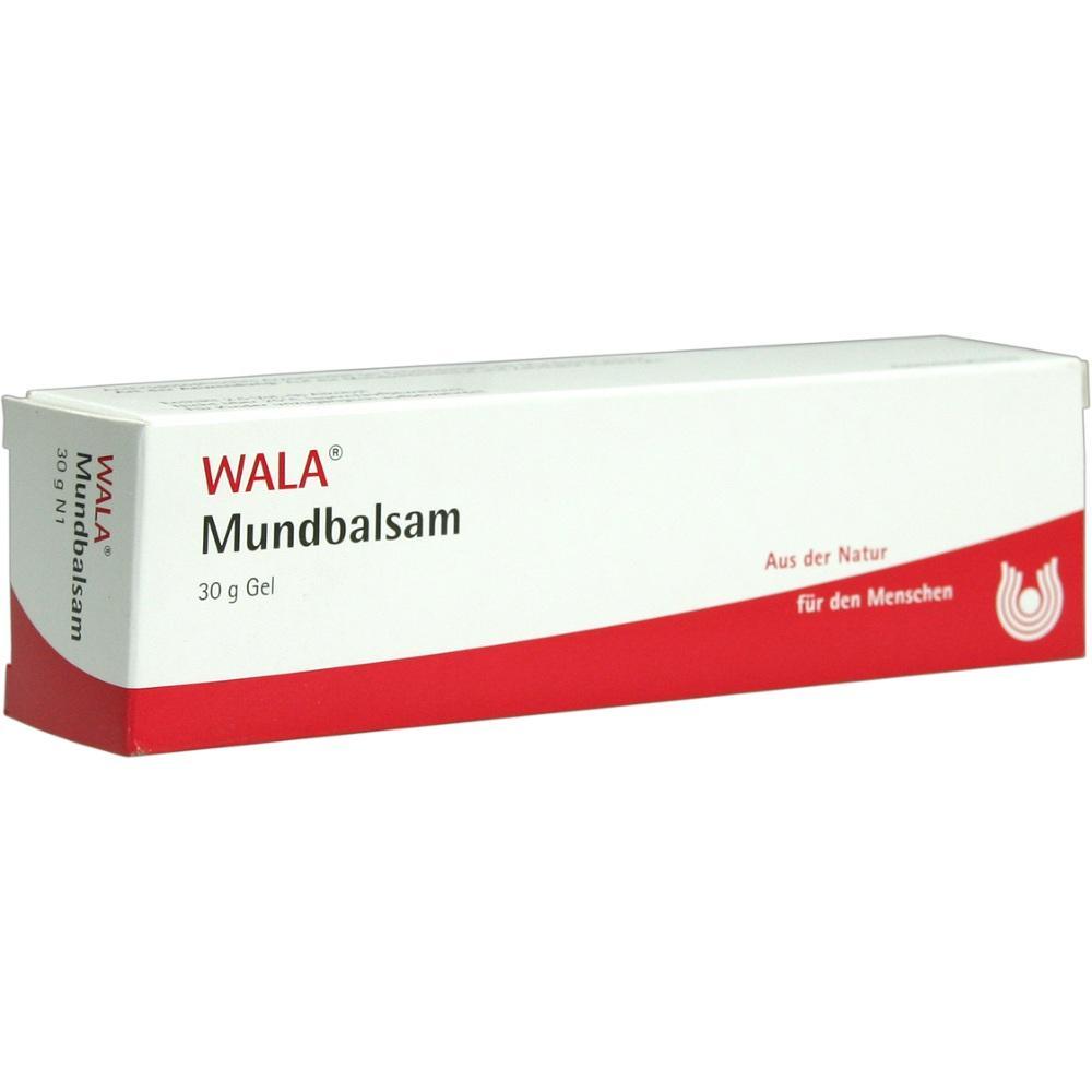 Eine wei&szlig;e und rote Verpackung f&uuml;r WALA Mundbalsam Gel, 30g.