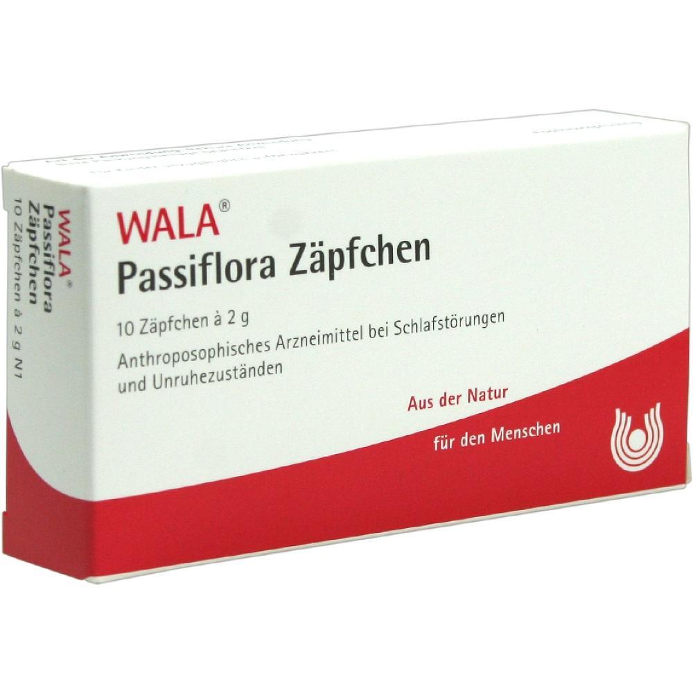 Packung mit 10 Passiflora-Z&auml;pfchen f&uuml;r Schlafst&ouml;rungen.