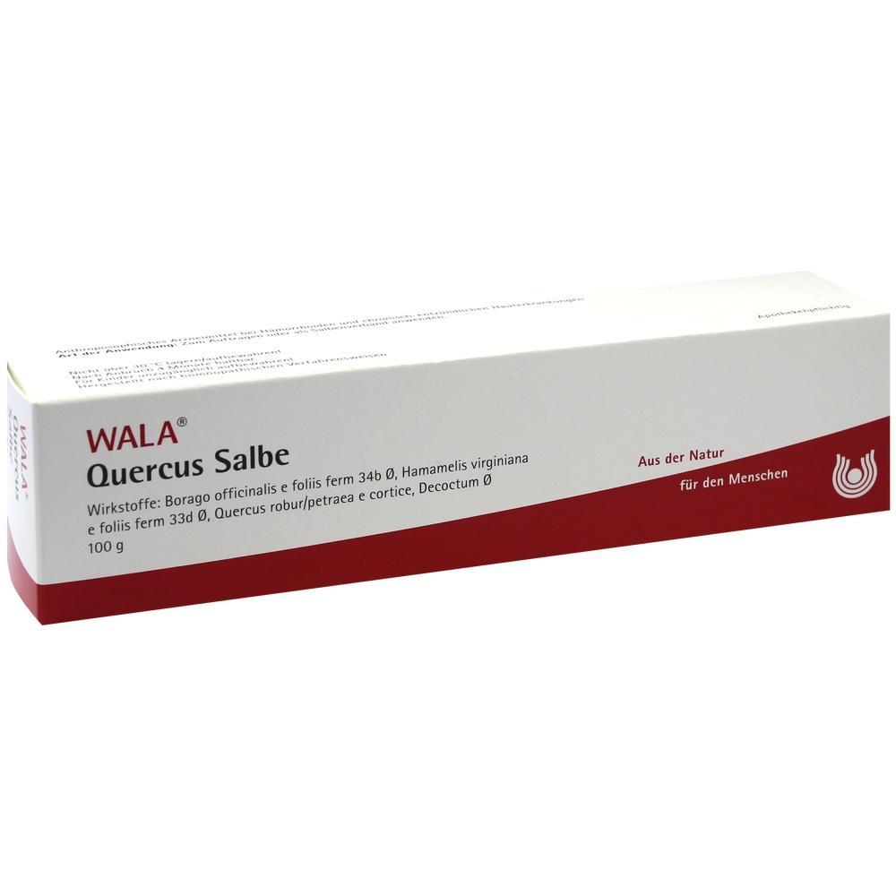 Gro&szlig;e, wei&szlig;e Verpackung der "WALA Quercus Salbe" mit rotem Streifen am Rand.