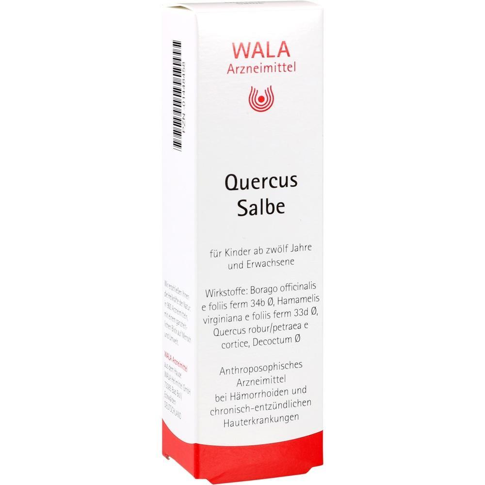Wei&szlig;e Packung mit Aufschrift "Quercus Salbe", f&uuml;r Hautkrankheiten und H&auml;morrhoiden geeignet.