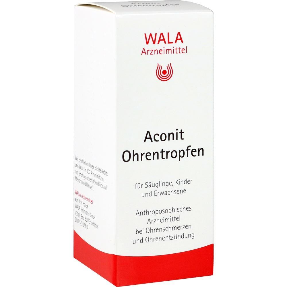 Wei&szlig;e Medikamentenverpackung mit der Aufschrift "Aconit Ohrentropfen".