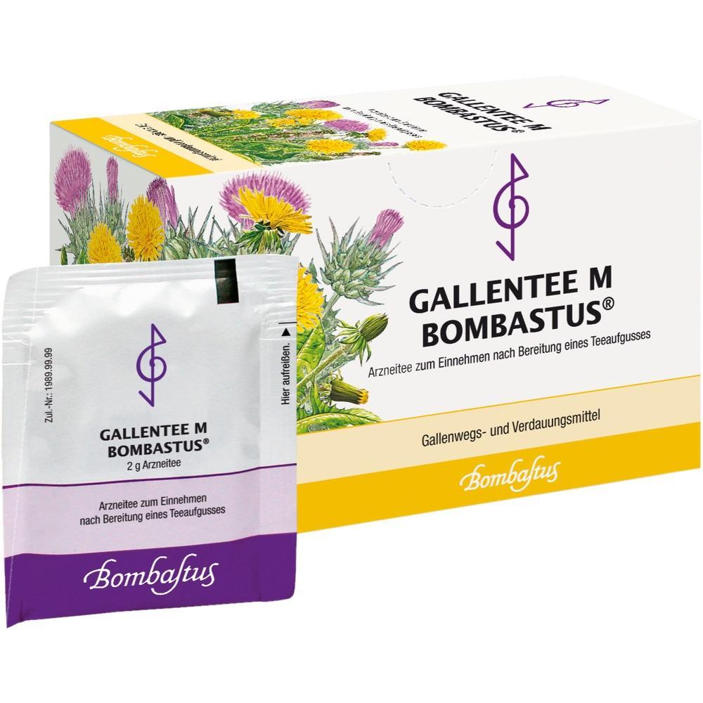 Eine Schachtel Gallentee mit einem Teebeutel zur Verdauung.