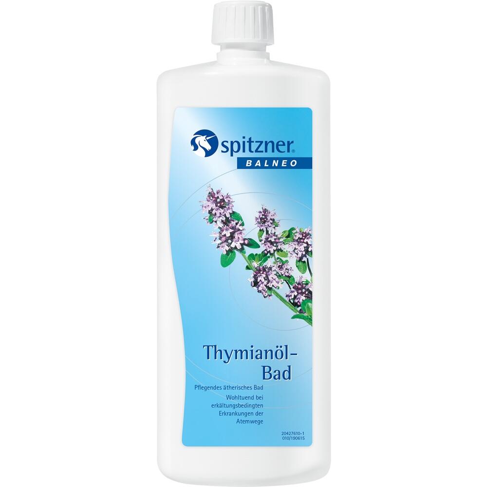 Eine Flasche Thymian&ouml;l-Bad mit lila Bl&uuml;ten auf dem Etikett.