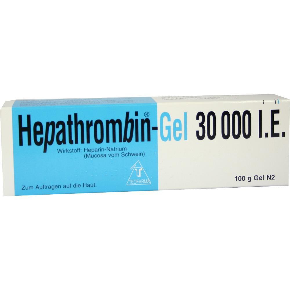 Eine blaue und wei&szlig;e Verpackung von Hepathrombin-Gel, 30.000 I.E., 100 g.