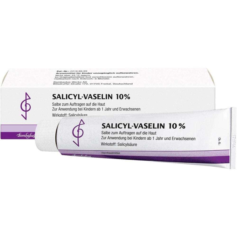 Wei&szlig;er Karton mit einer Tube Salicyl-Vaselin 10% f&uuml;r die Haut.