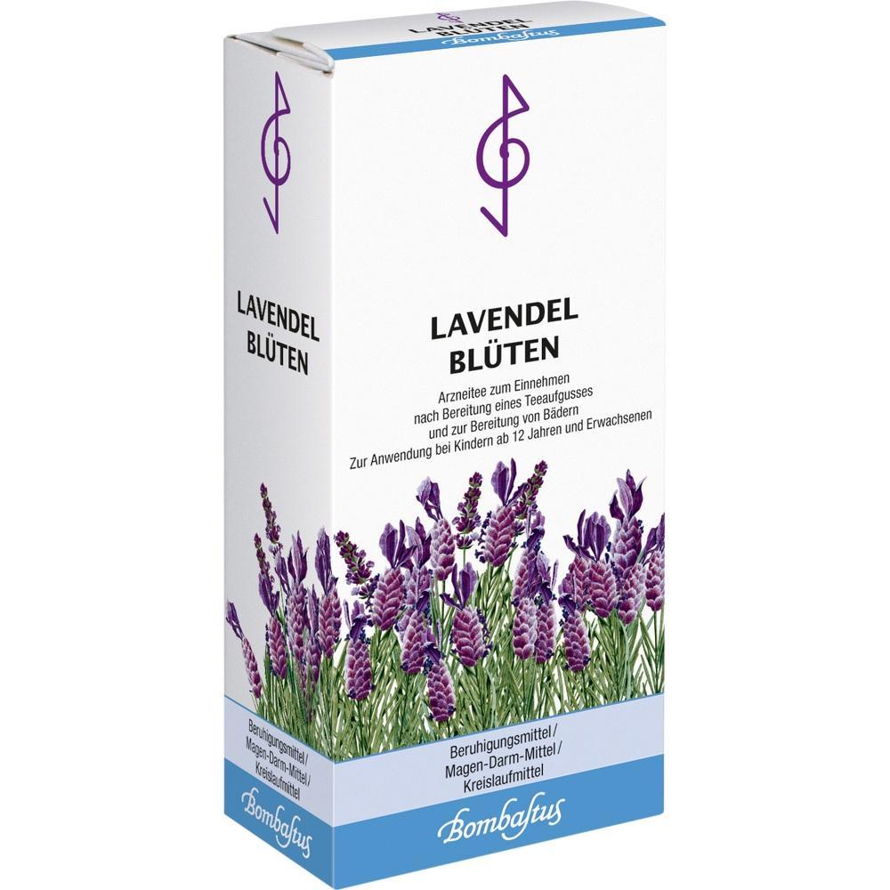 Eine Lavendelbl&uuml;ten-Teepackung mit lila Bl&uuml;tenabbildung.