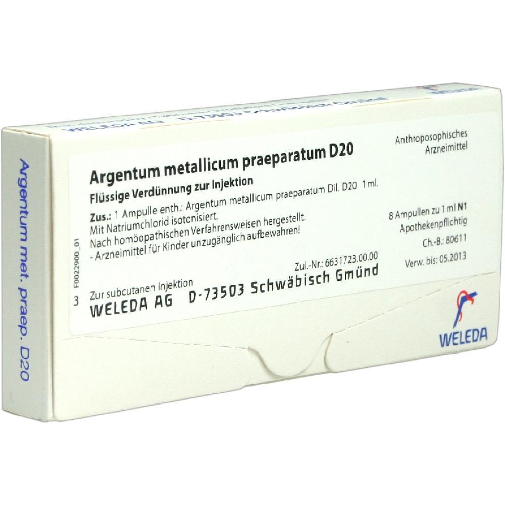 Eine wei&szlig;e Medikamentenverpackung mit der Aufschrift &bdquo;Argentum metallicum praep. D20&ldquo;.