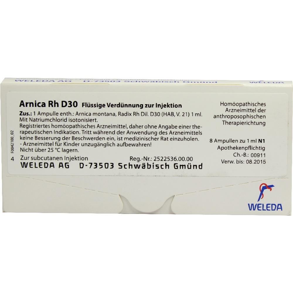 Wei&szlig;e Verpackung von hom&ouml;opathischen Arnica-Injektionen mit Textinformationen.