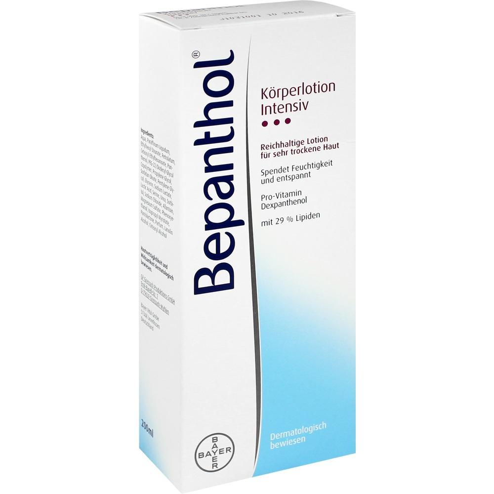 Eine wei&szlig;e Verpackung mit Bepanthol K&ouml;rperlotion f&uuml;r trockene Haut.
