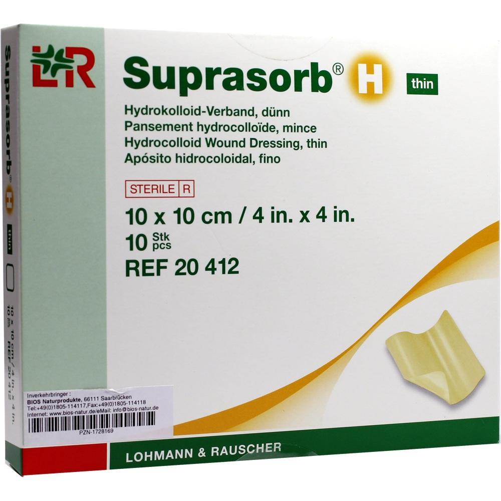 Verpackung mit dem Schriftzug "Suprasorb H" f&uuml;r sterile Wundverb&auml;nde, Gr&ouml;&szlig;e 10x10 cm.