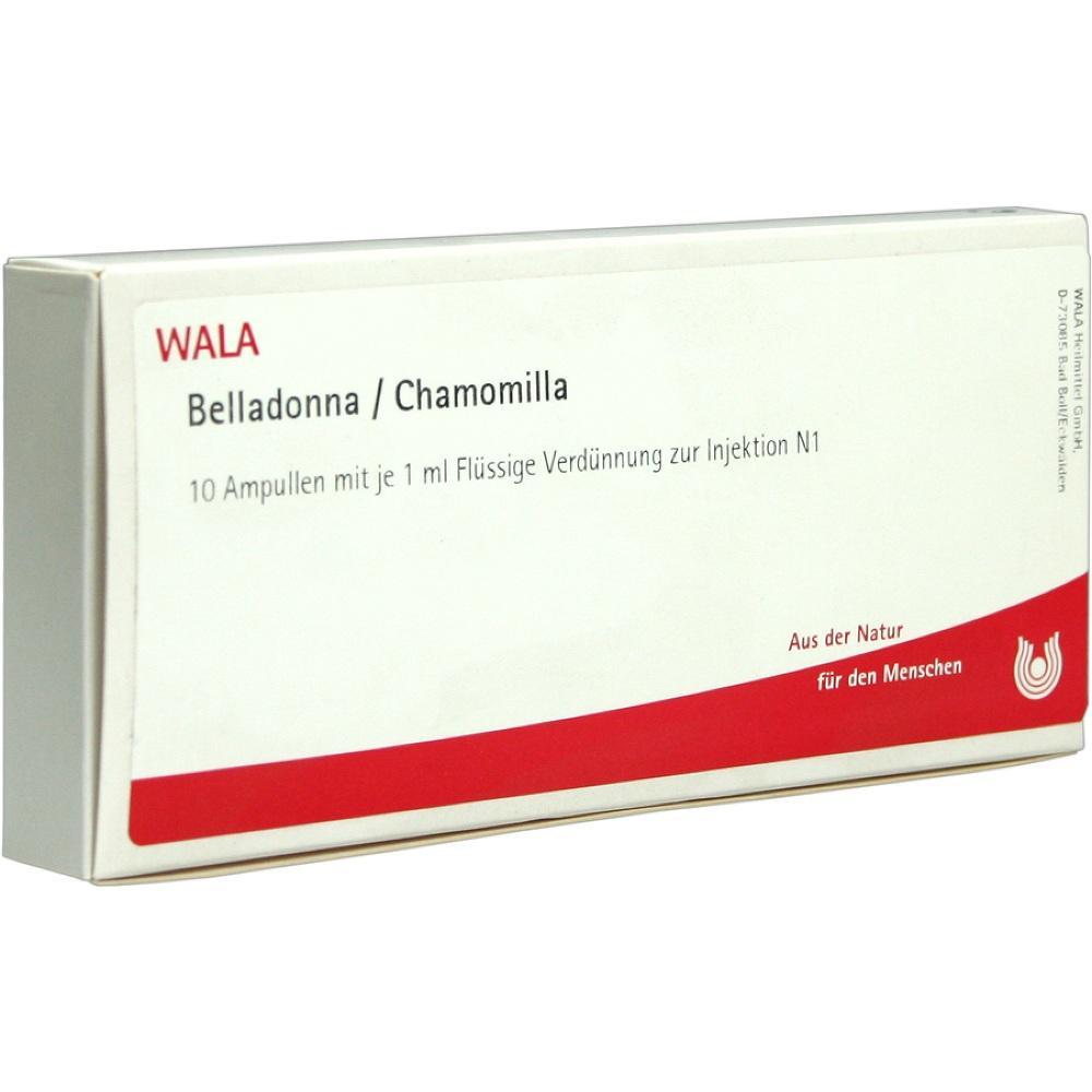 Eine Packung mit 10 Ampullen Belladonna/Chamomilla zur Injektion ist abgebildet.