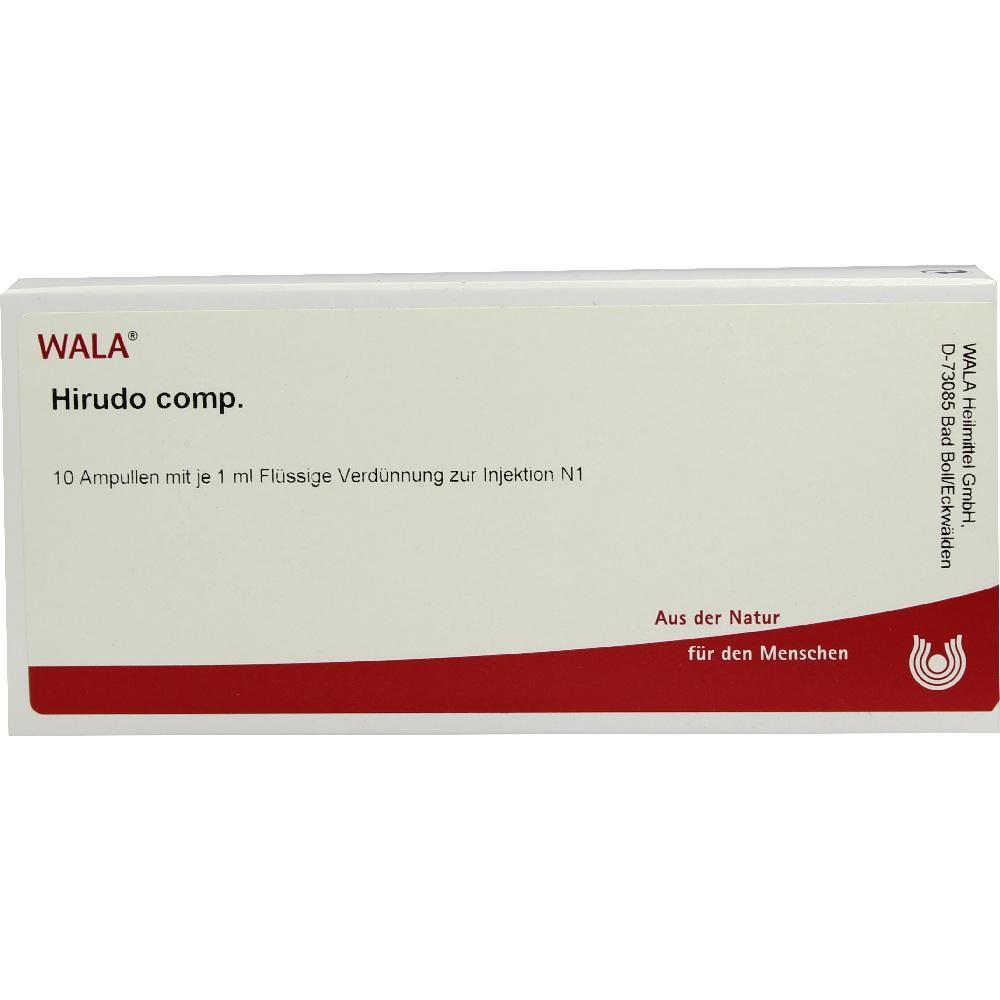 Wei&szlig;e Verpackung mit der Aufschrift "WALA Hirudo comp." und "10 Ampullen f&uuml;r Injektion".