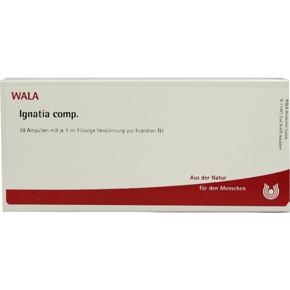 Wei&szlig;e Medikamentenverpackung mit rotem Streifen und der Aufschrift "Ignatia comp.".