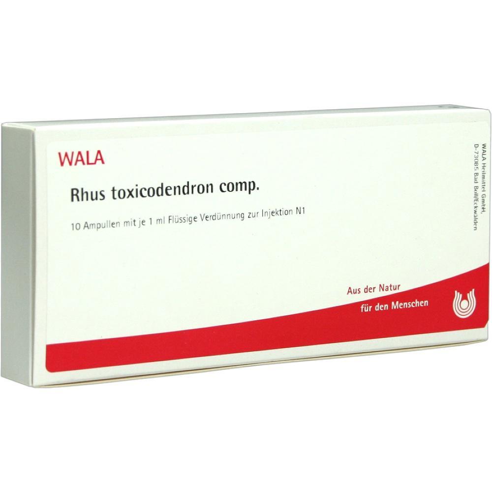 Die Verpackung zeigt Rhus toxicodendron comp. Ampullen von WALA.