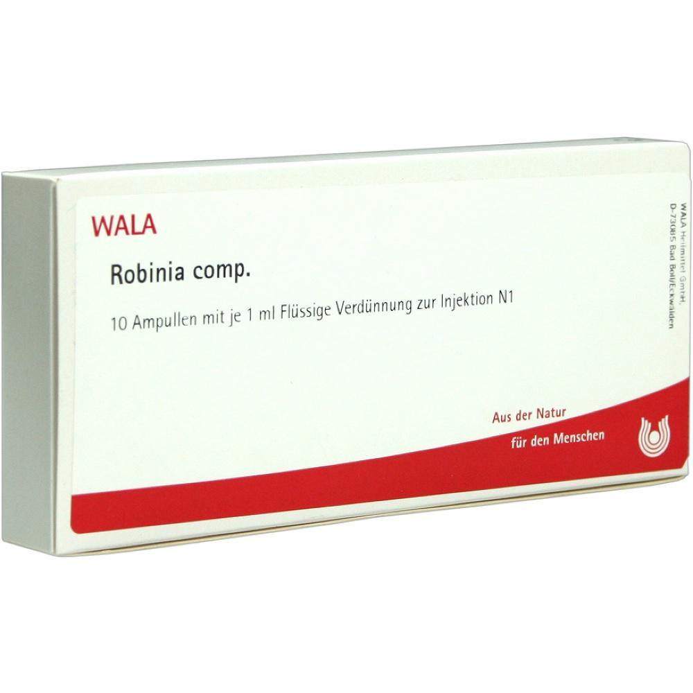 Eine Packung mit 10 Ampullen f&uuml;r Injektionen, beschriftet mit "Robinia comp.".