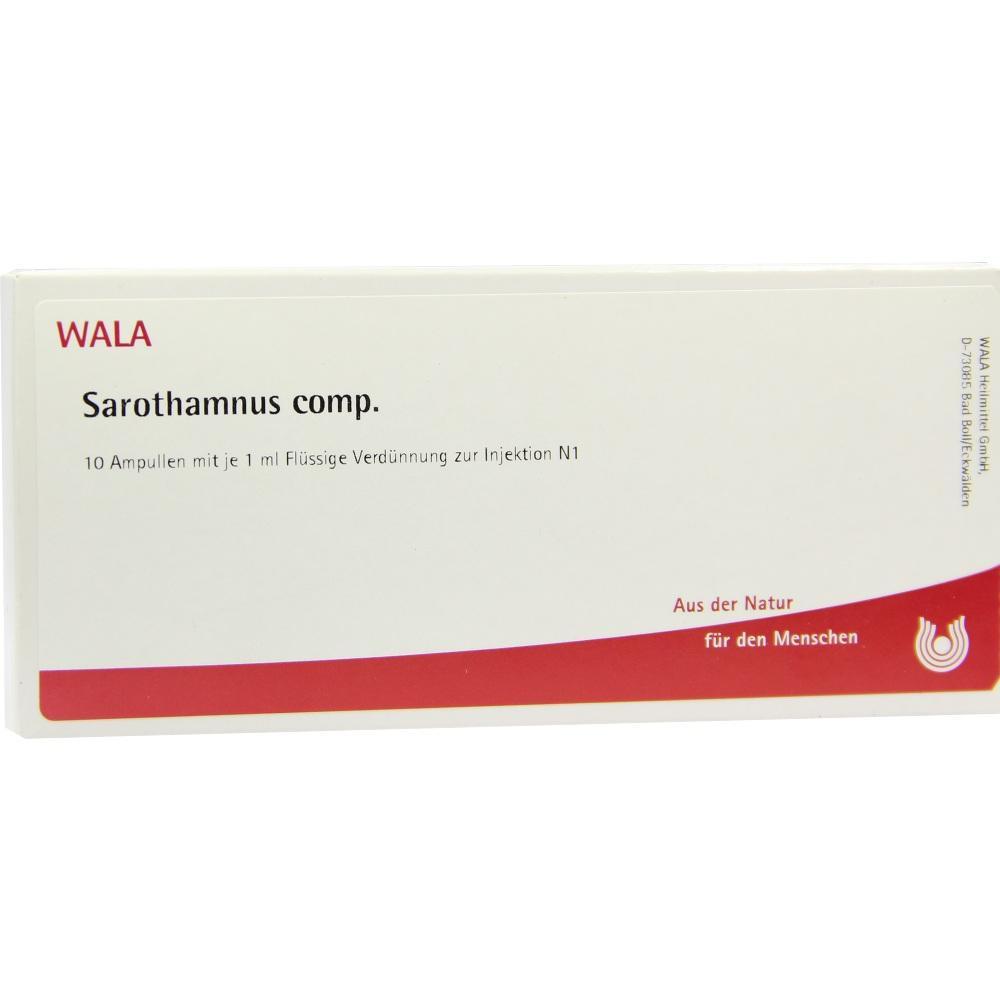 Eine Schachtel mit der Aufschrift "Sarothamnus comp." f&uuml;r Injektionen.