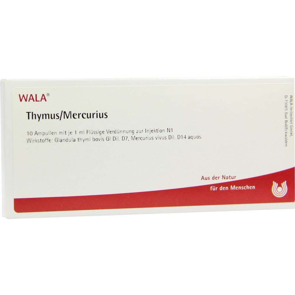Verpackung von Thymus/Mercurius Ampullen zur Injektion steht auf wei&szlig;em Hintergrund.