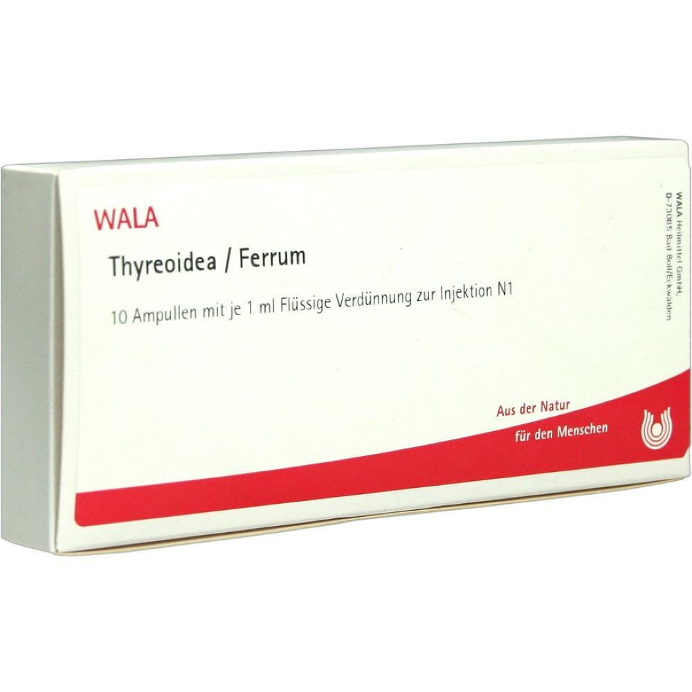 Eine schachtel mit 10 Ampullen eines medizinischen Produkts namens Thyreoidea/Ferrum.
