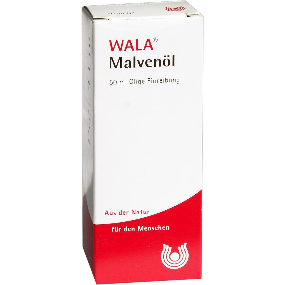 Wei&szlig;e und rote Verpackung von WALA Malven&ouml;l, 50 ml, zur Einreibung.