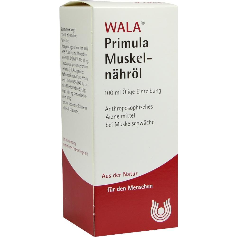 Wei&szlig;e Verpackung mit der Aufschrift "WALA Primula Muskel-N&auml;hr&ouml;l" f&uuml;r Muskelschw&auml;che.
