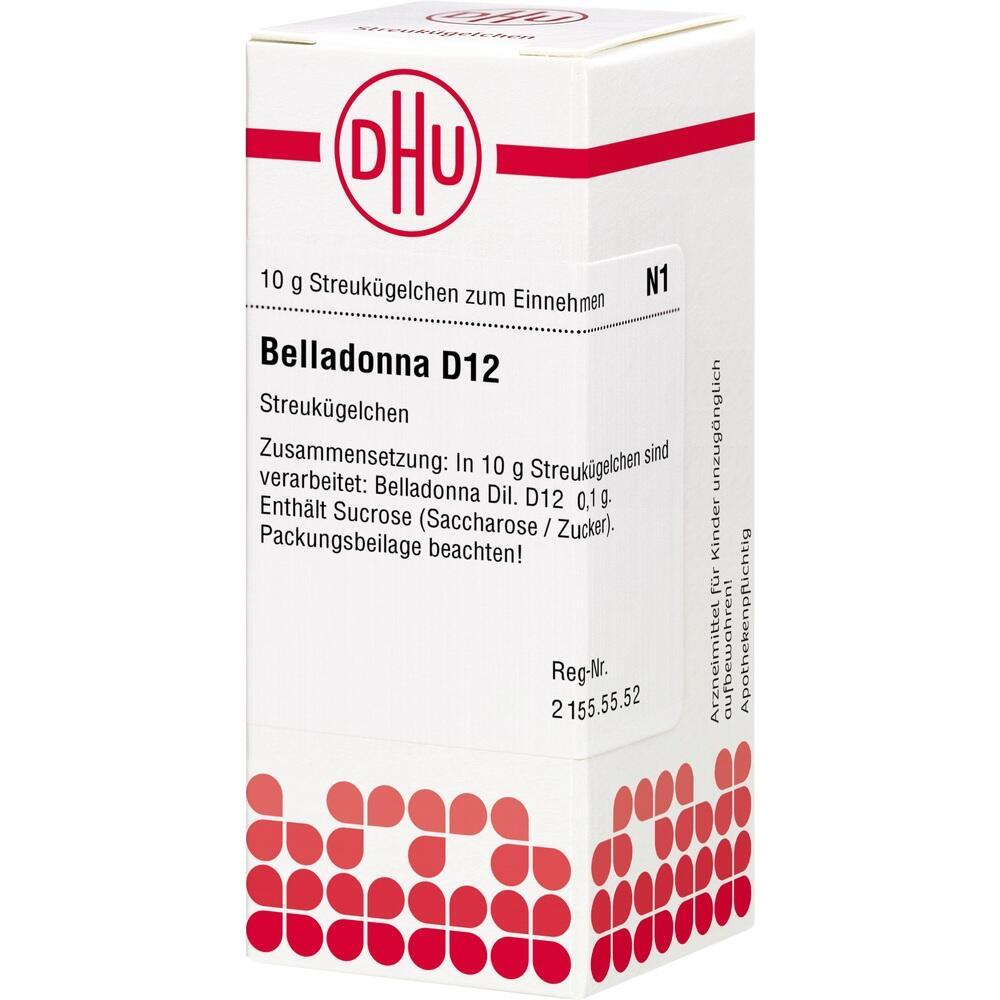 Wei&szlig;e Packung mit der Aufschrift "Belladonna D12", hom&ouml;opathische Streuk&uuml;gelchen.