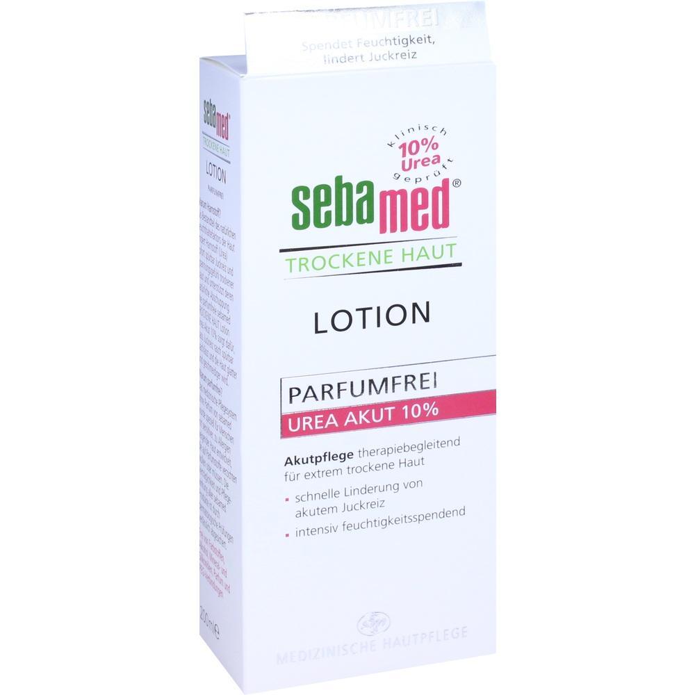 Wei&szlig;e Verpackung einer parf&uuml;mfreien Lotion f&uuml;r trockene Haut mit 10% Urea.