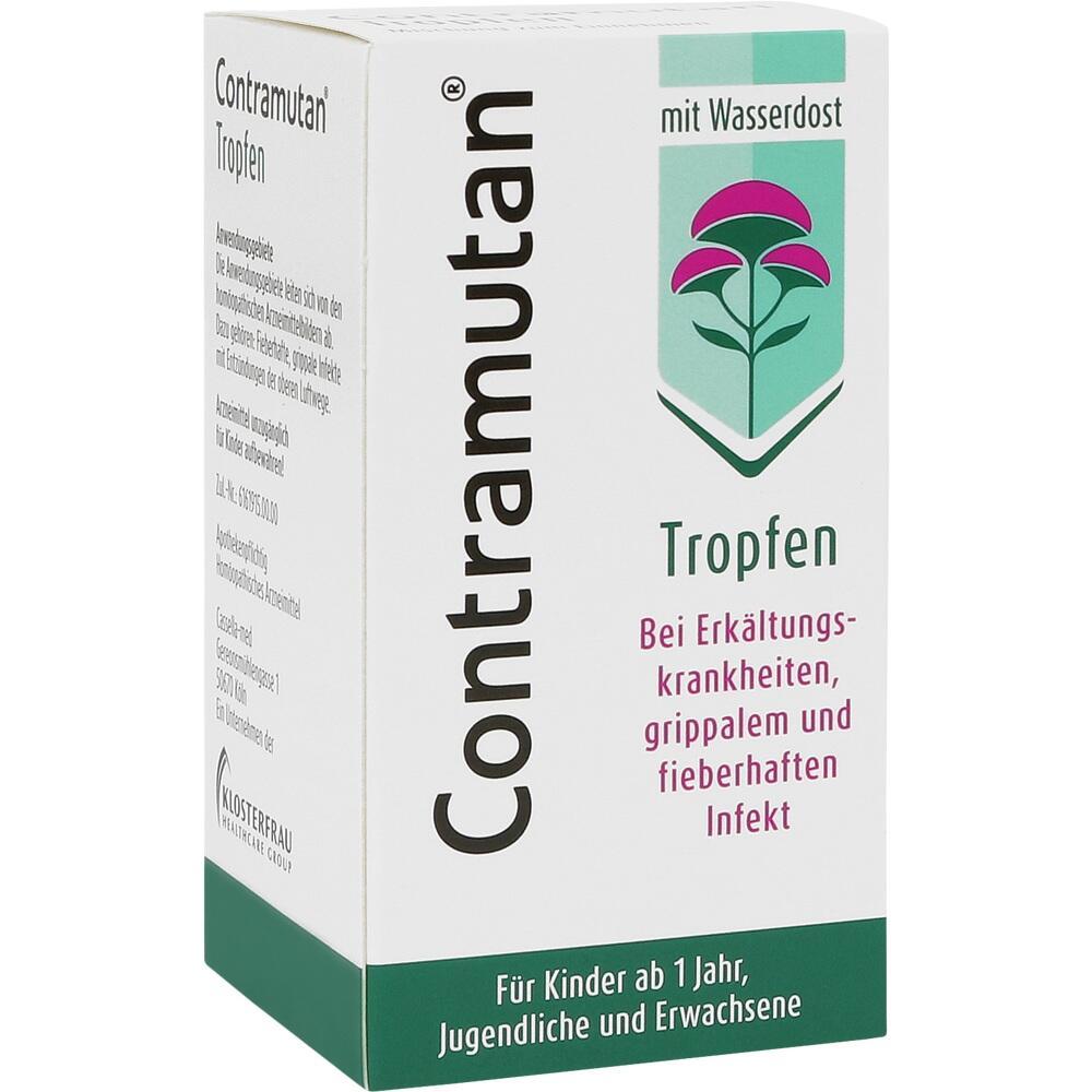 Wei&szlig;e Verpackung von Contramutan Tropfen mit rosa Blume und schwarzer Schrift.