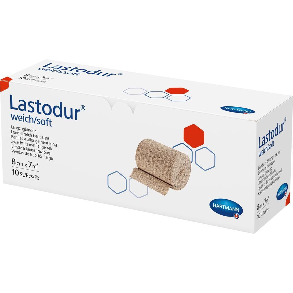 Wei&szlig;e Verpackung mit Abbildung einer Braune Bandage und dem Text "Lastodur weich/soft".