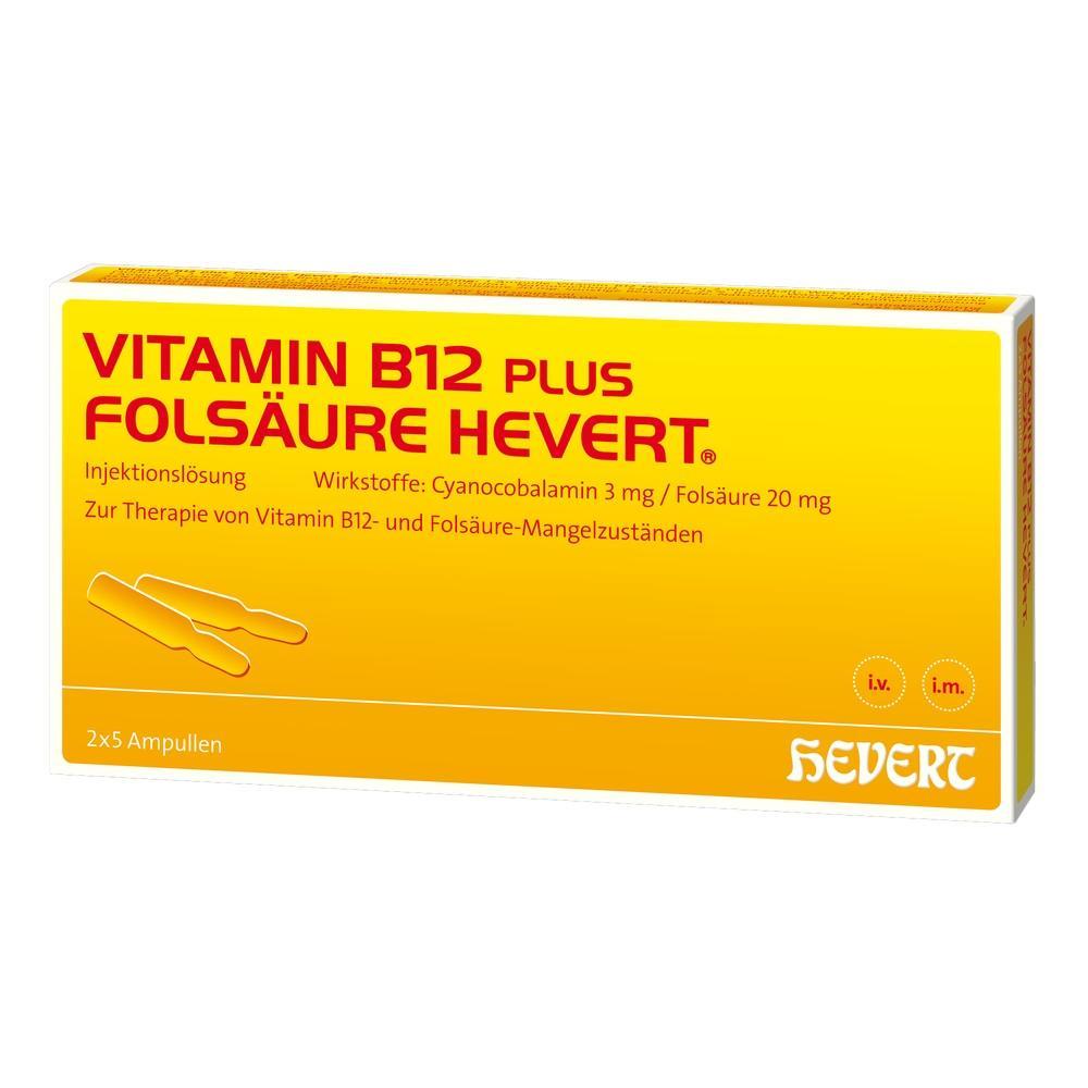 Gelbe Verpackung mit der Aufschrift "Vitamin B12 plus Fols&auml;ure Hevert".