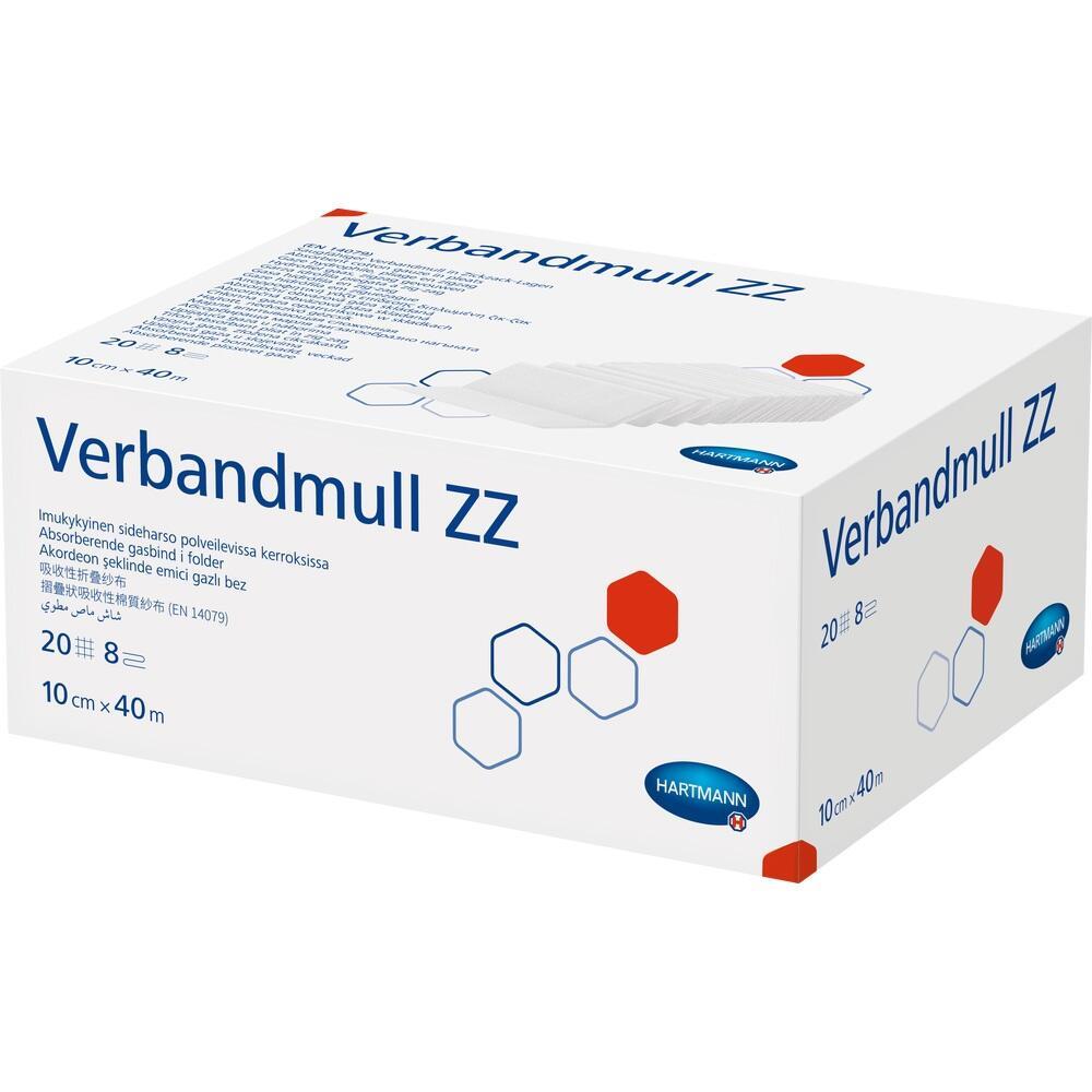 Wei&szlig;e Verpackung von Verbandmull ZZ mit blauen und roten Details.
