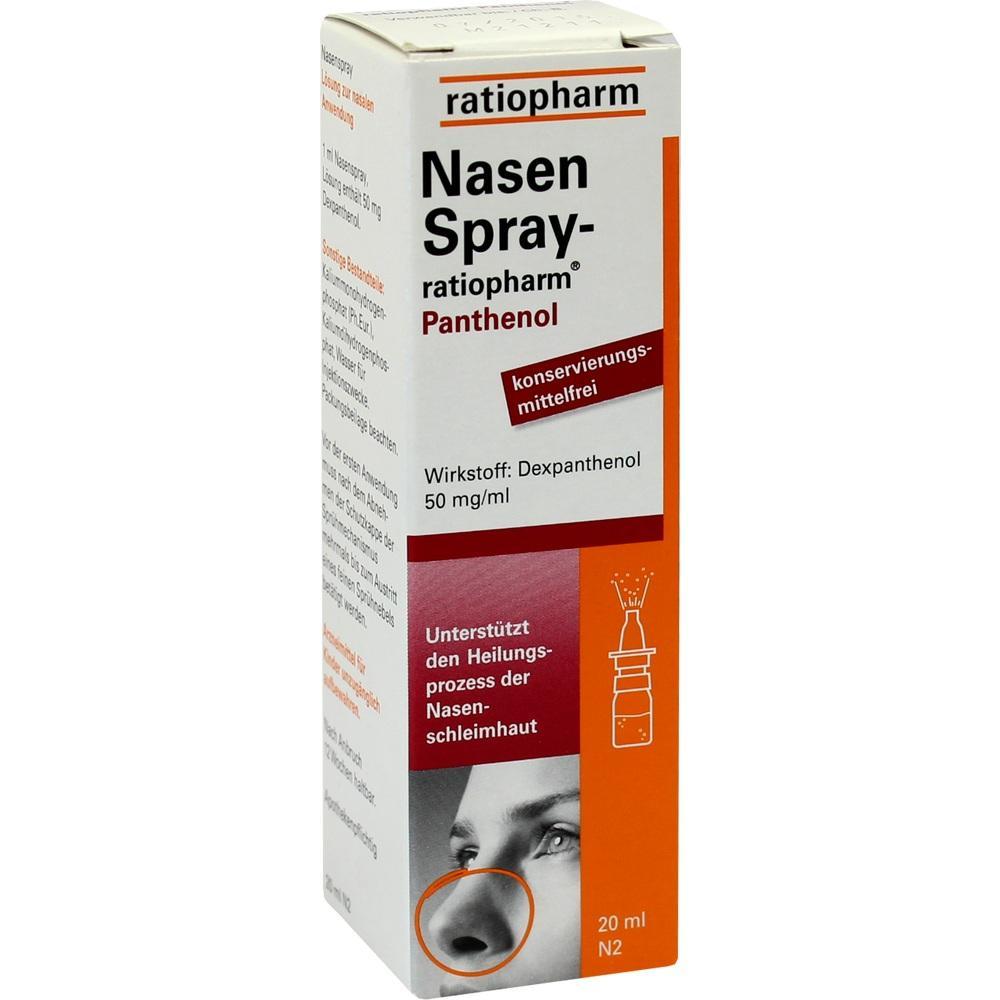 Eine wei&szlig;e Packung Nasenspray von Ratiopharm mit orangen Details.