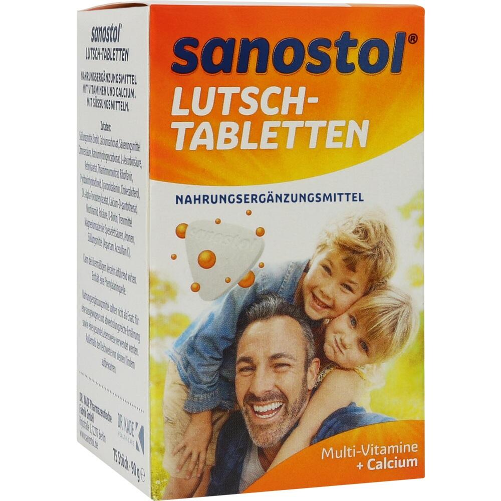 Packung mit Lutschtabletten als Nahrungserg&auml;nzungsmittel, zeigt eine l&auml;chelnde Familie.