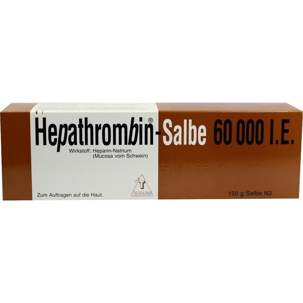 Braune Schachtel mit der Aufschrift "Hepathrombin-Salbe" zur Hautanwendung.
