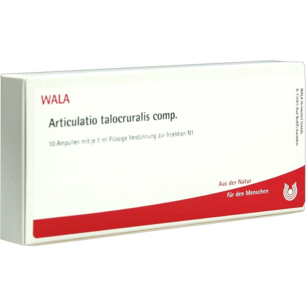 Wei&szlig;e Medikamentenverpackung mit rotem Streifen und Aufschrift "Articulatio talocruralis comp."