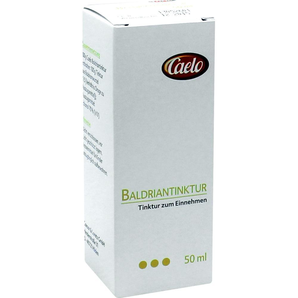 Wei&szlig;e Verpackung mit Beschriftung "Baldrintinktur" und "Tinktur zum Einnehmen", 50 ml.
