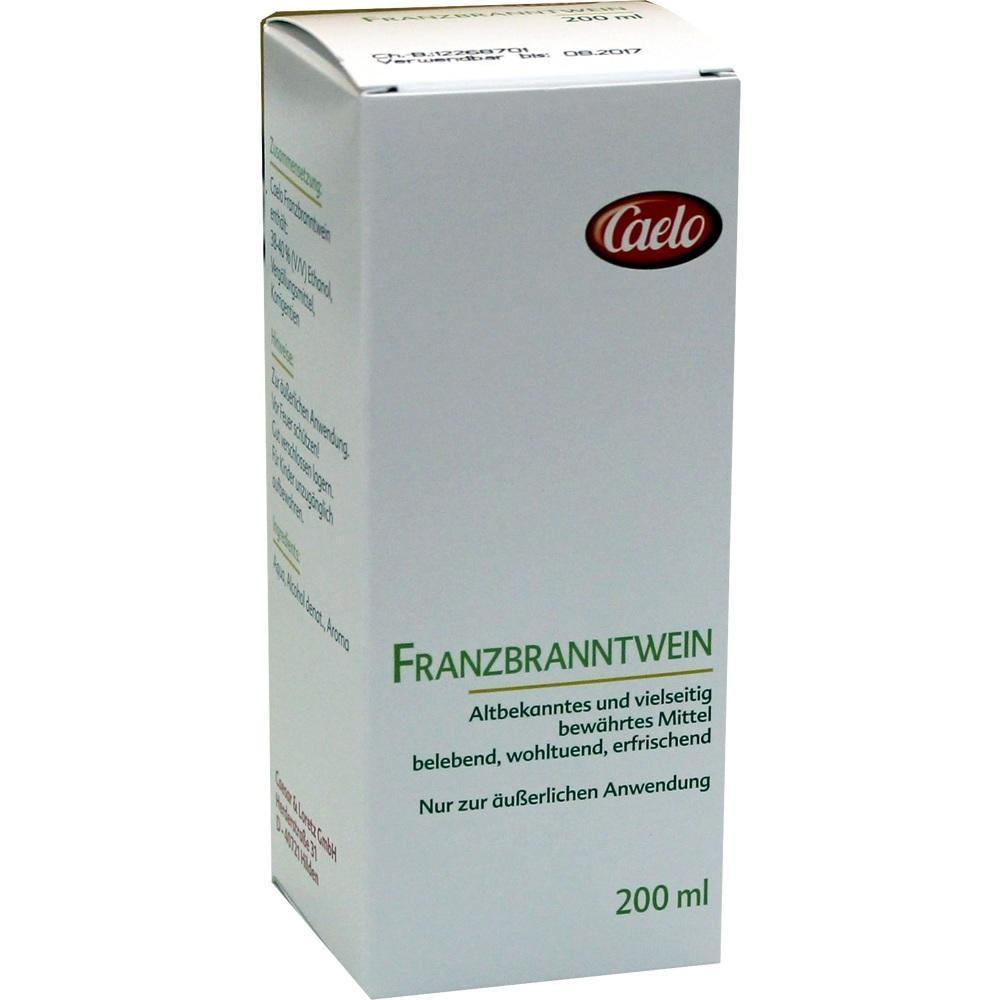 Wei&szlig;e Verpackung mit der Aufschrift "Franzbranntwein" und "Caelo" Logo.