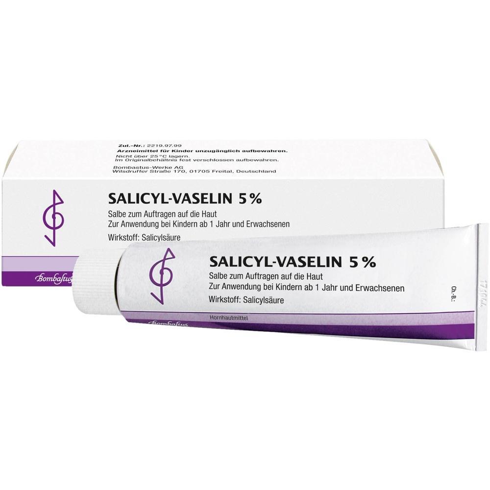 Eine Salben-Tube liegt vor ihrer Verpackung, darauf steht "Salicyl-Vaselin 5%".