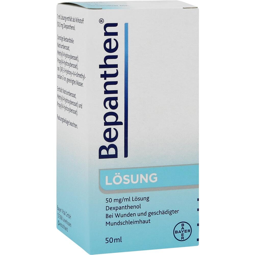 Eine Packung Bepanthen L&ouml;sung zur Behandlung von Wunden ist abgebildet.
